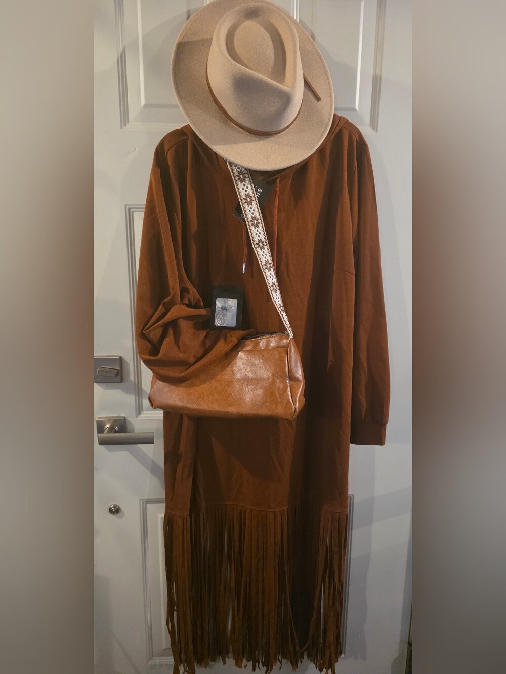 Boho Fringed Hooded Dress W/purse, Hat And Earrings- Complete Outfit